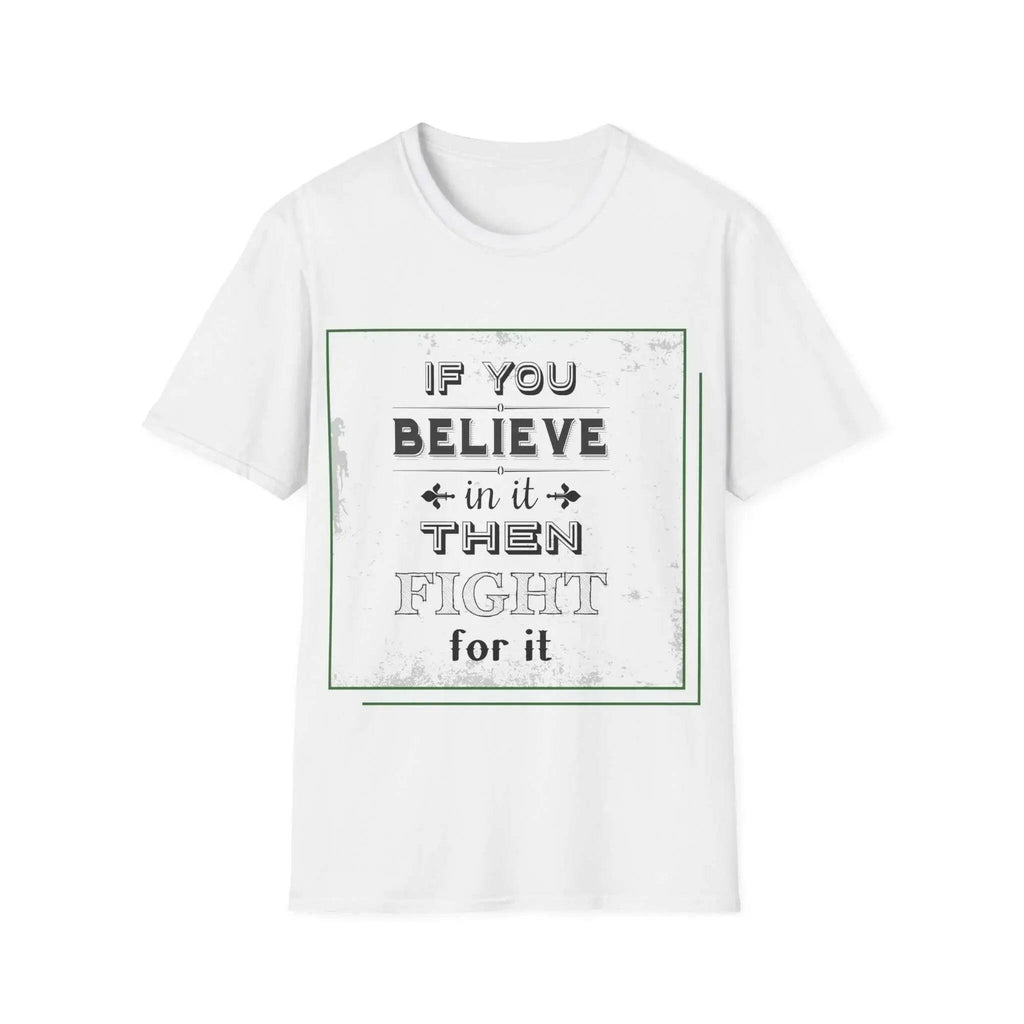 White T-shirt with a motivational message print in a green frame.