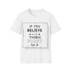 White T-shirt with a motivational message print in a green frame.