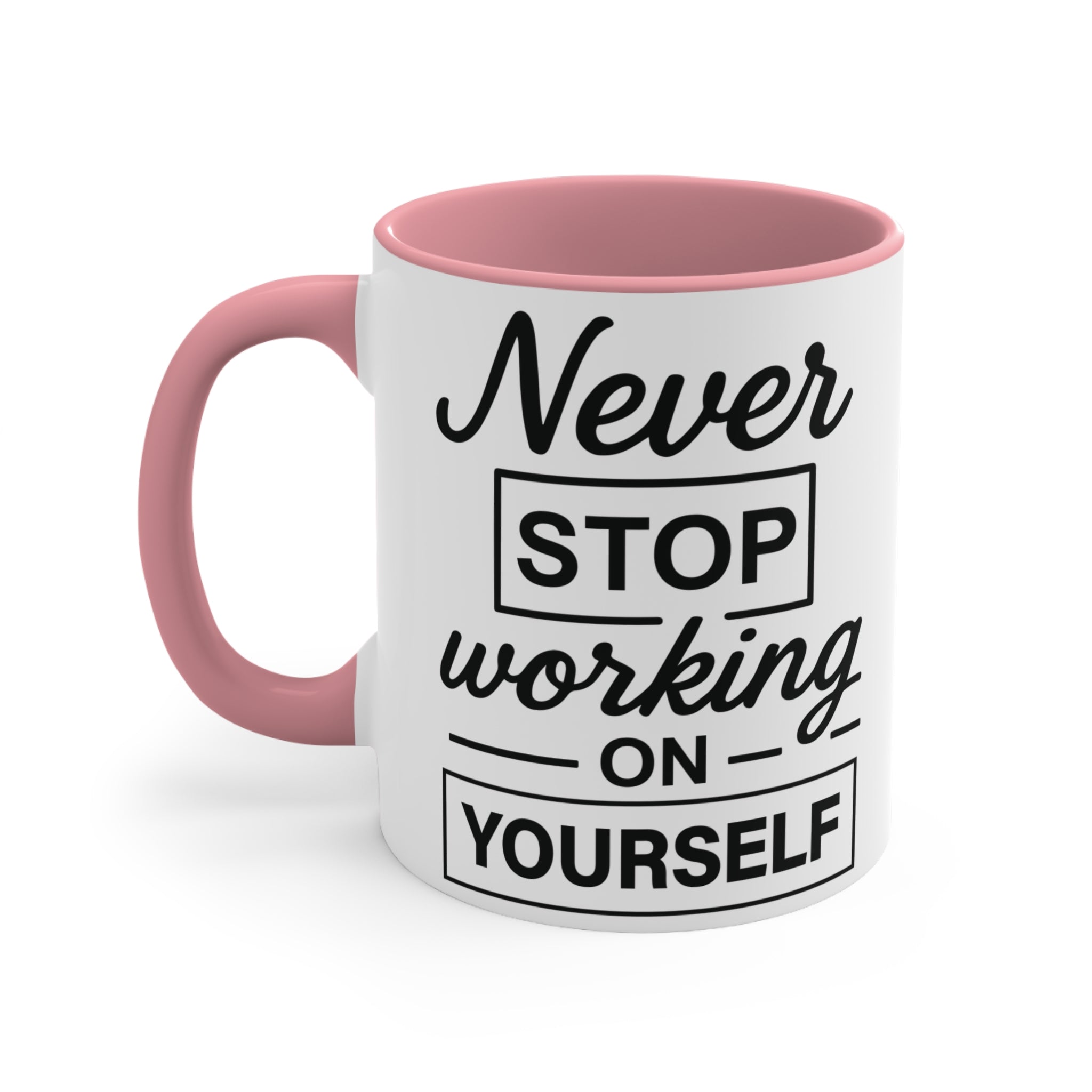 Motivational Coffee Mug, Colourful Accent Mug 'Never Stop Working on Yourself' Mug Faith2Print.