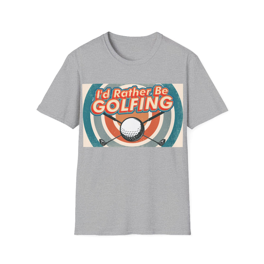 Grey  unisex t-shirt with 'I'd Rather Be Golfing' graphic design on a white background