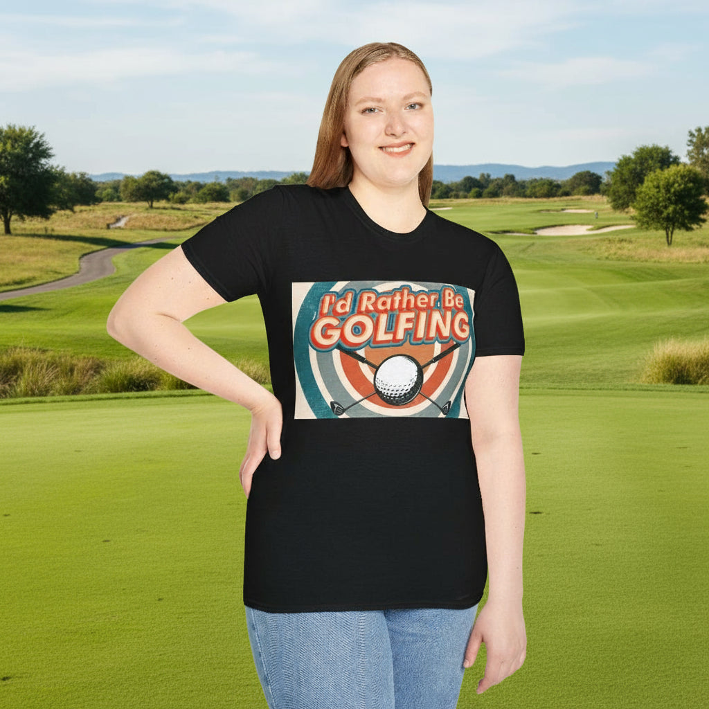 Person wearing a black t-shirt with 'I'd Rather Be Golfing' graphic design.