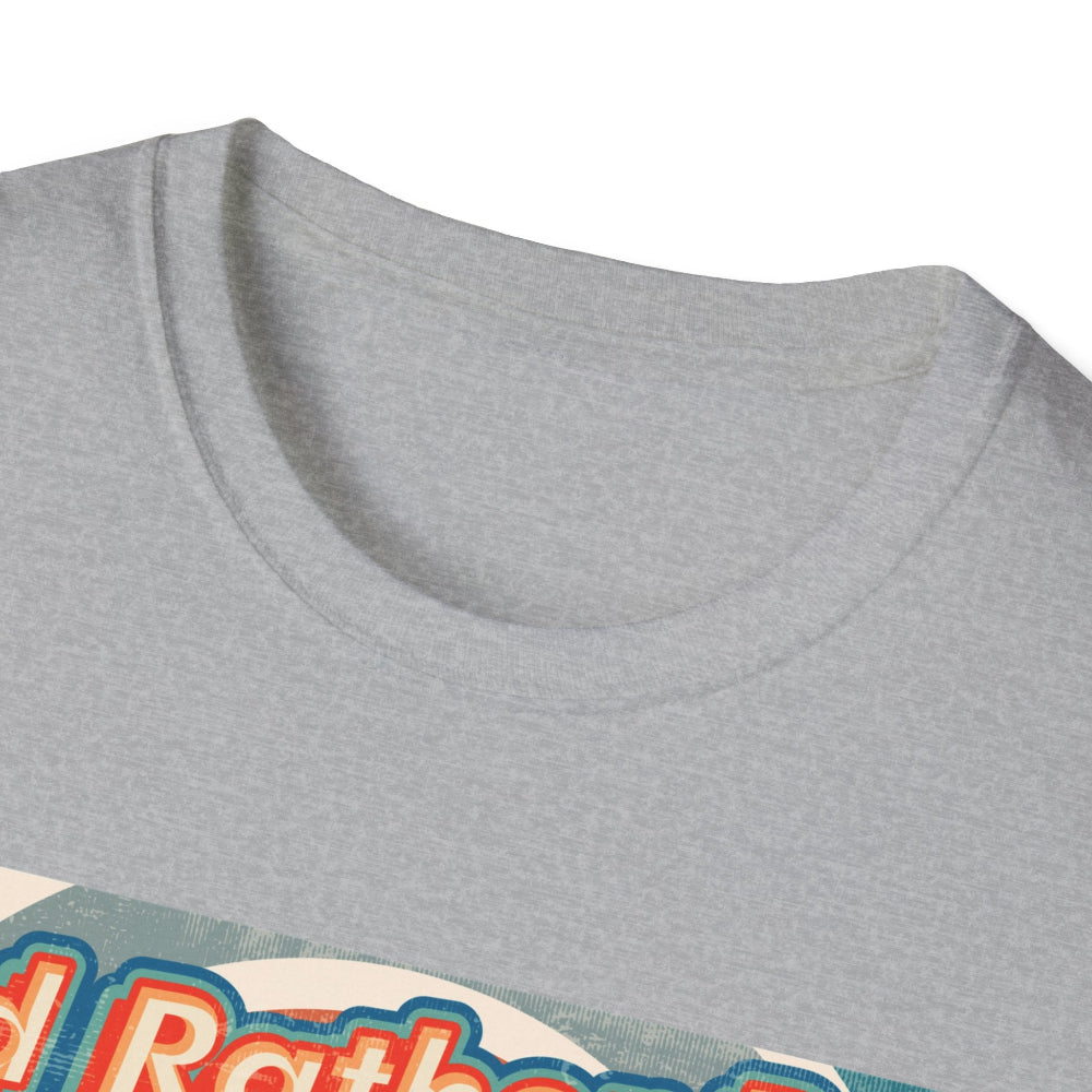 Grey t-shirt with colourful golfing graphic design on a white background