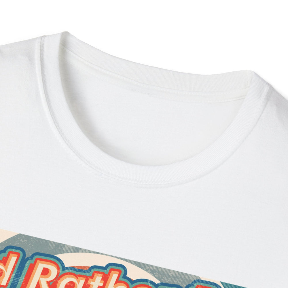 Close-up of a white t-shirt with colourful golfing text design on a white background