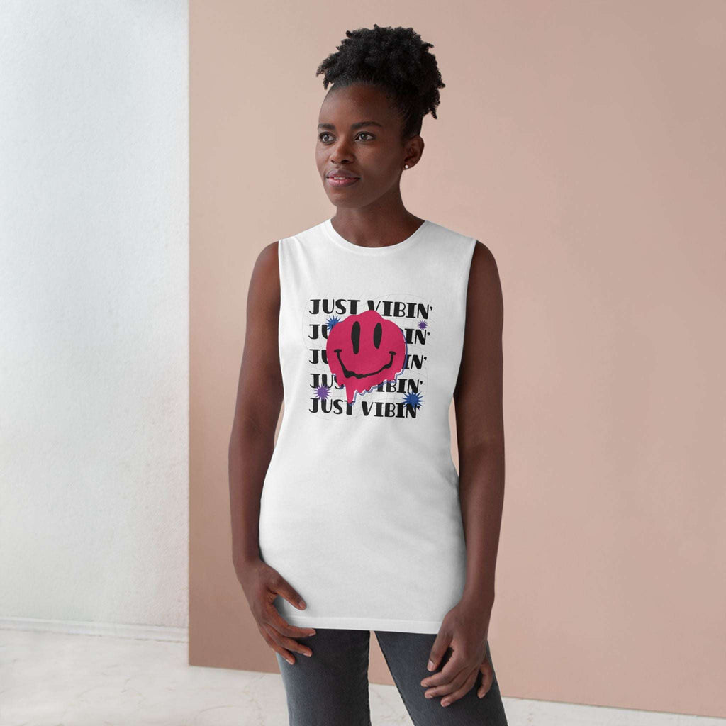 Unisex Smiley Face Tank Top - Just Vibin' Graphic Tee, Summer Casual Wear, Festival Outfit, Unisex Apparel, Gift for Friends Tank Top Faith2Print.