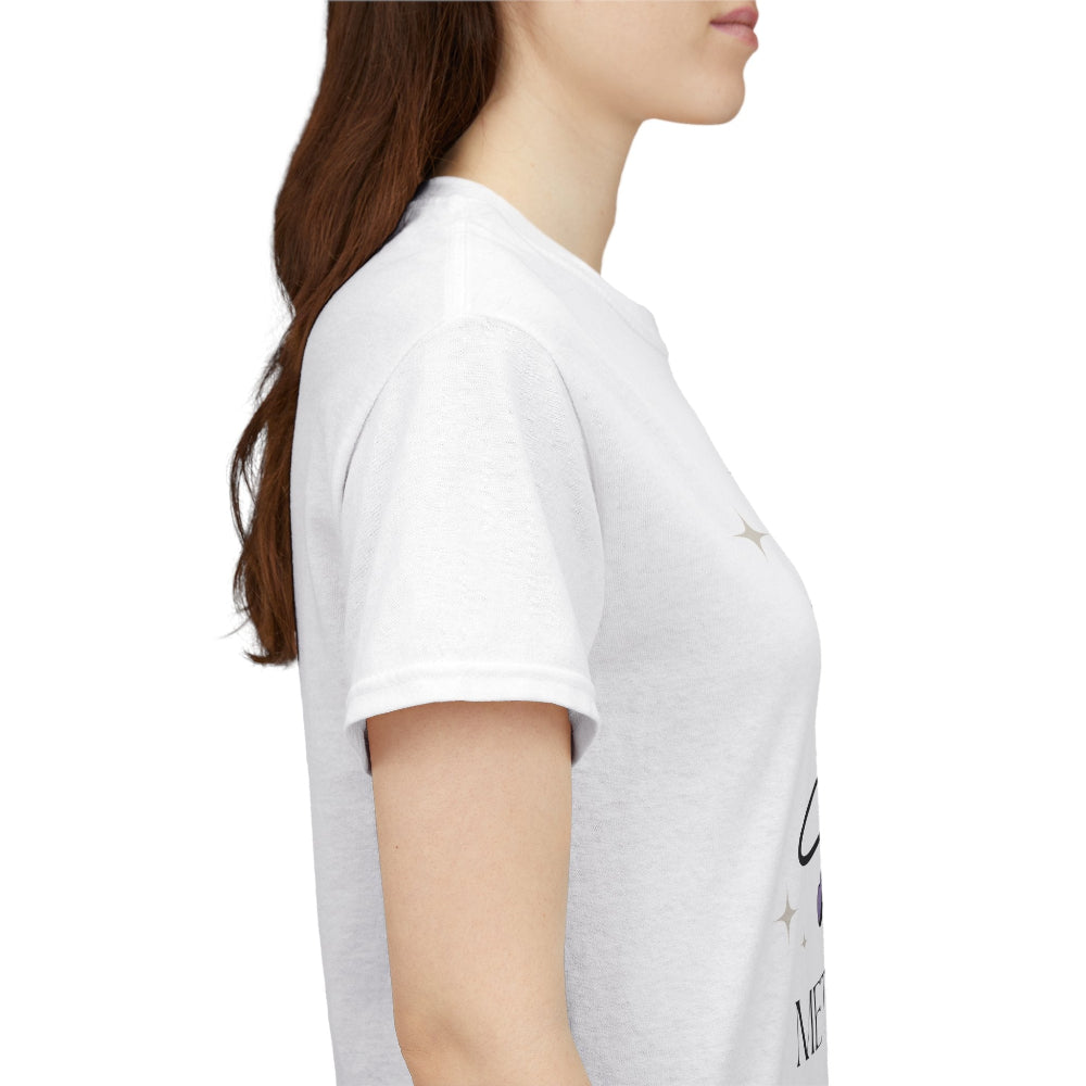 Side view Person wearing a white t-shirt with a logo on a plain background