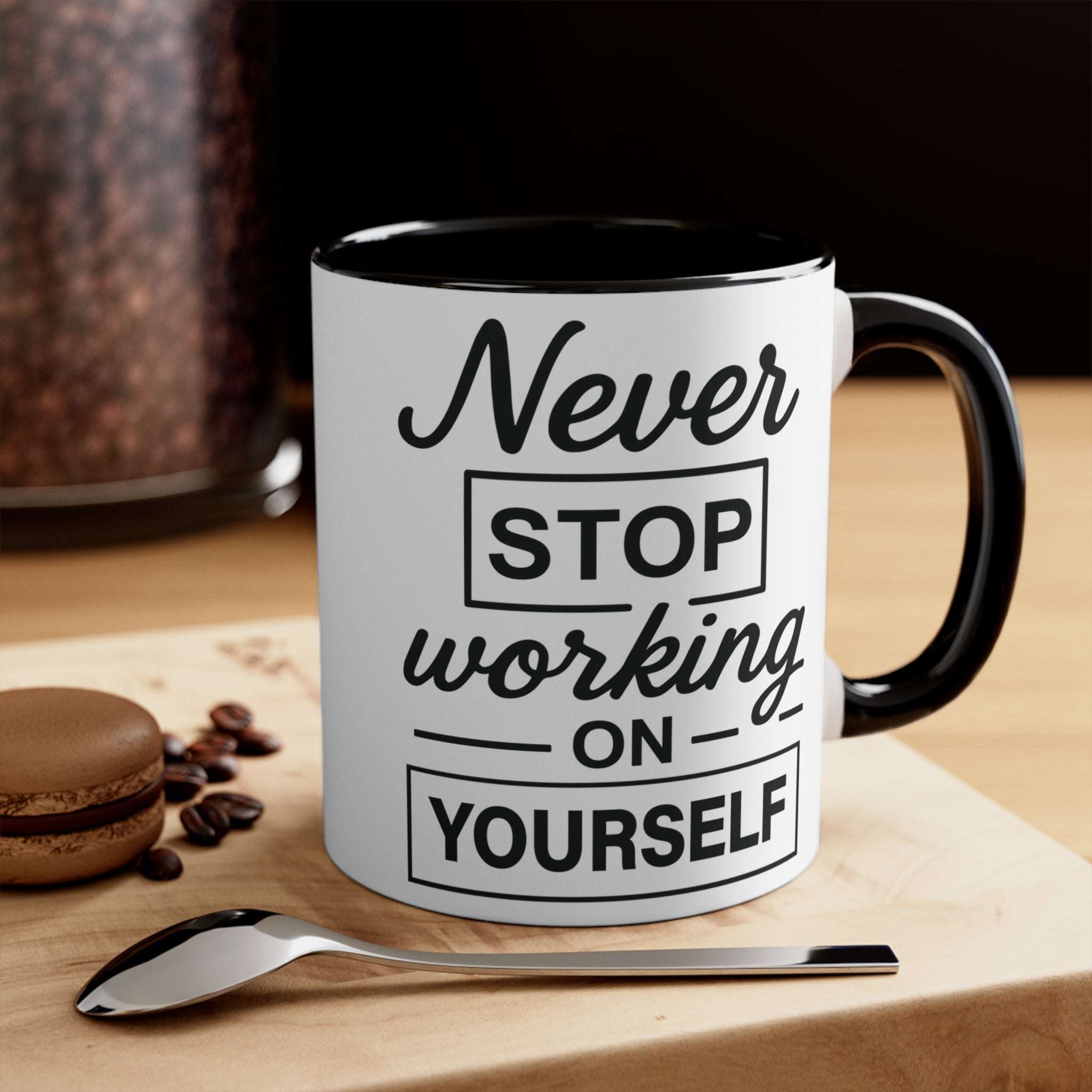 Motivational Coffee Mug, Colourful Accent Mug 'Never Stop Working on Yourself' Mug Faith2Print.