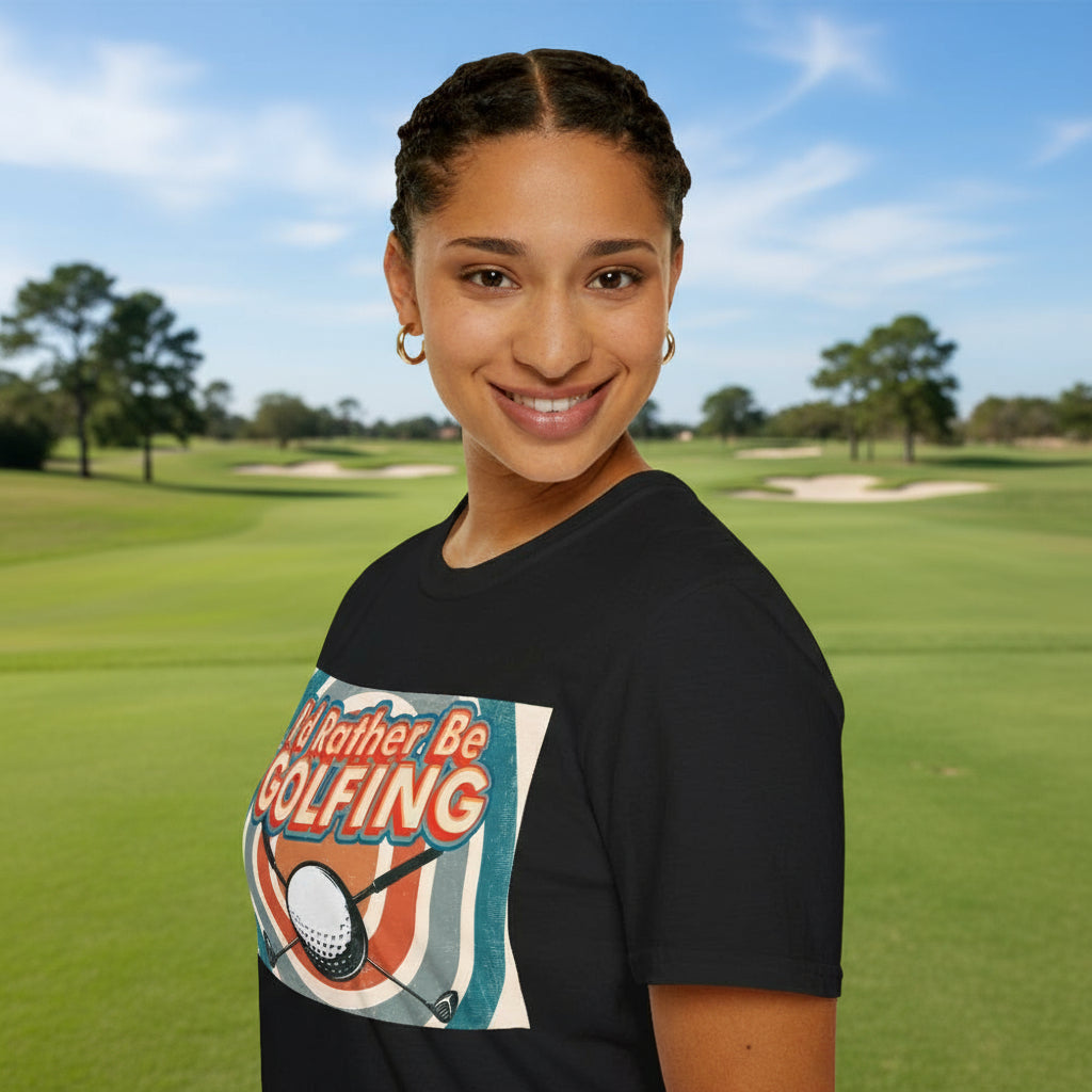 Person wearing a black t-shirt with a graphic golfing design and text on a golf course.