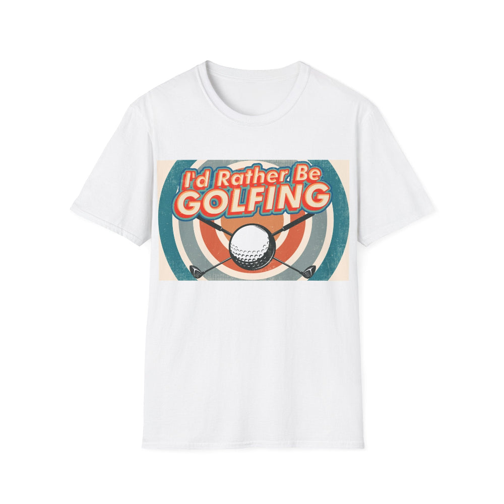 White t-shirt with 'I'd Rather Be Golfing' graphic design on a white background
