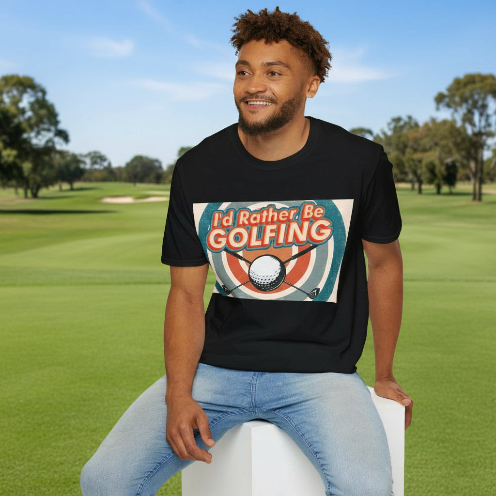 Man wearing a black t-shirt with 'I'd Rather Be Golfing' design on a golf course