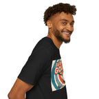 Man wearing a black t-shirt with a colourful golfing graphic design on a white background