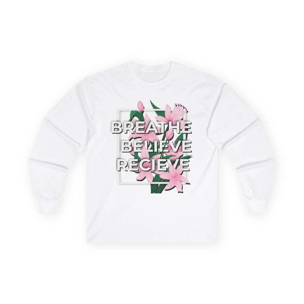 Floral Inspirational Women's Long Sleeve Tee - Breathe Believe Receive White Long-sleeve 1615337033047998891_2048