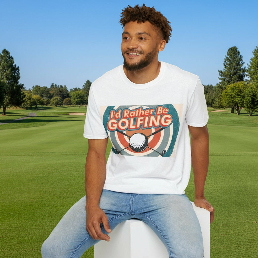 Man wearing a white t-shirt with 'I'd Rather Be Golfing' graphic design.