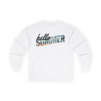 Hello Summer Men's Long Sleeve Tee in white with a bold "hello SUMMER" graphic, perfect for casual summer wear.