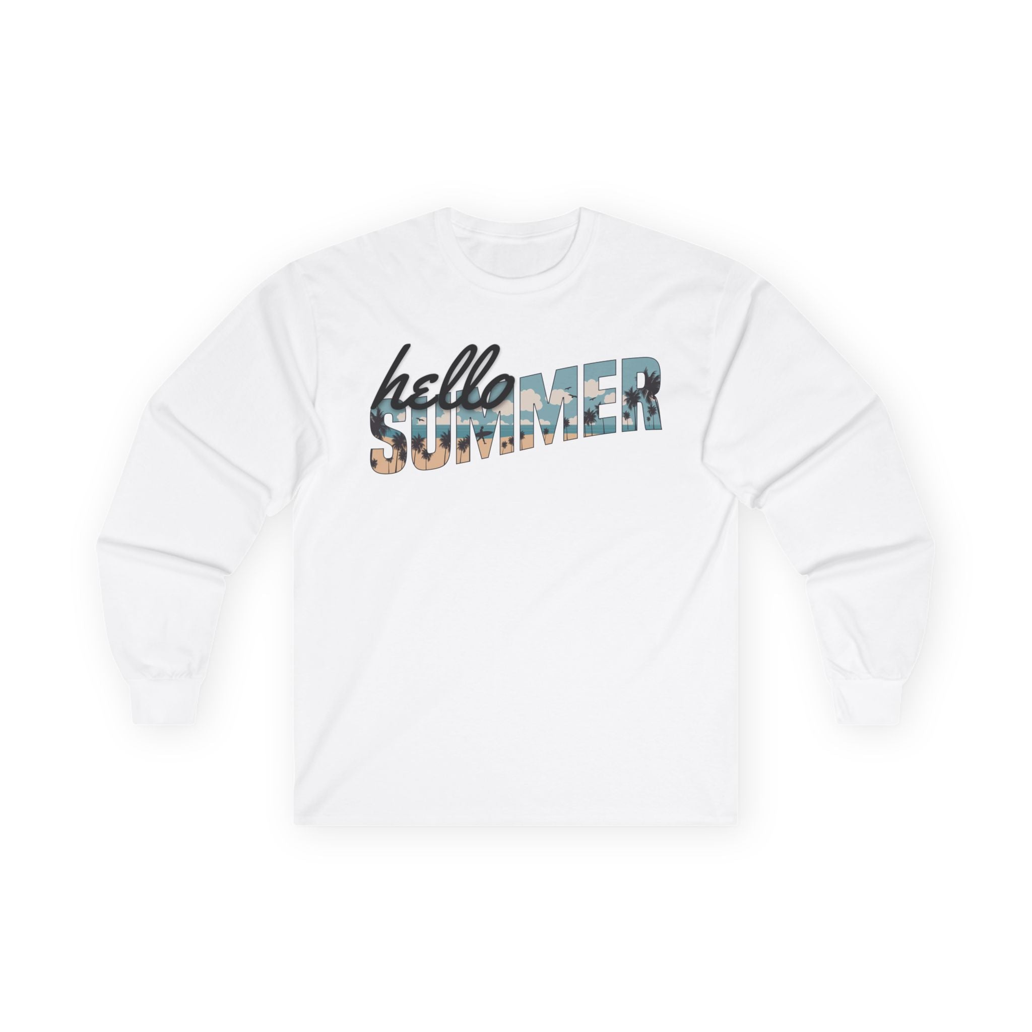 Hello Summer Men's Long Sleeve Tee in white with a bold "hello SUMMER" graphic, perfect for casual summer wear.