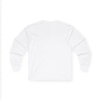 Back of a white long-sleeved shirt.