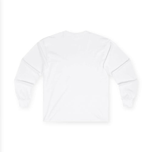 Back of a white long-sleeved shirt.