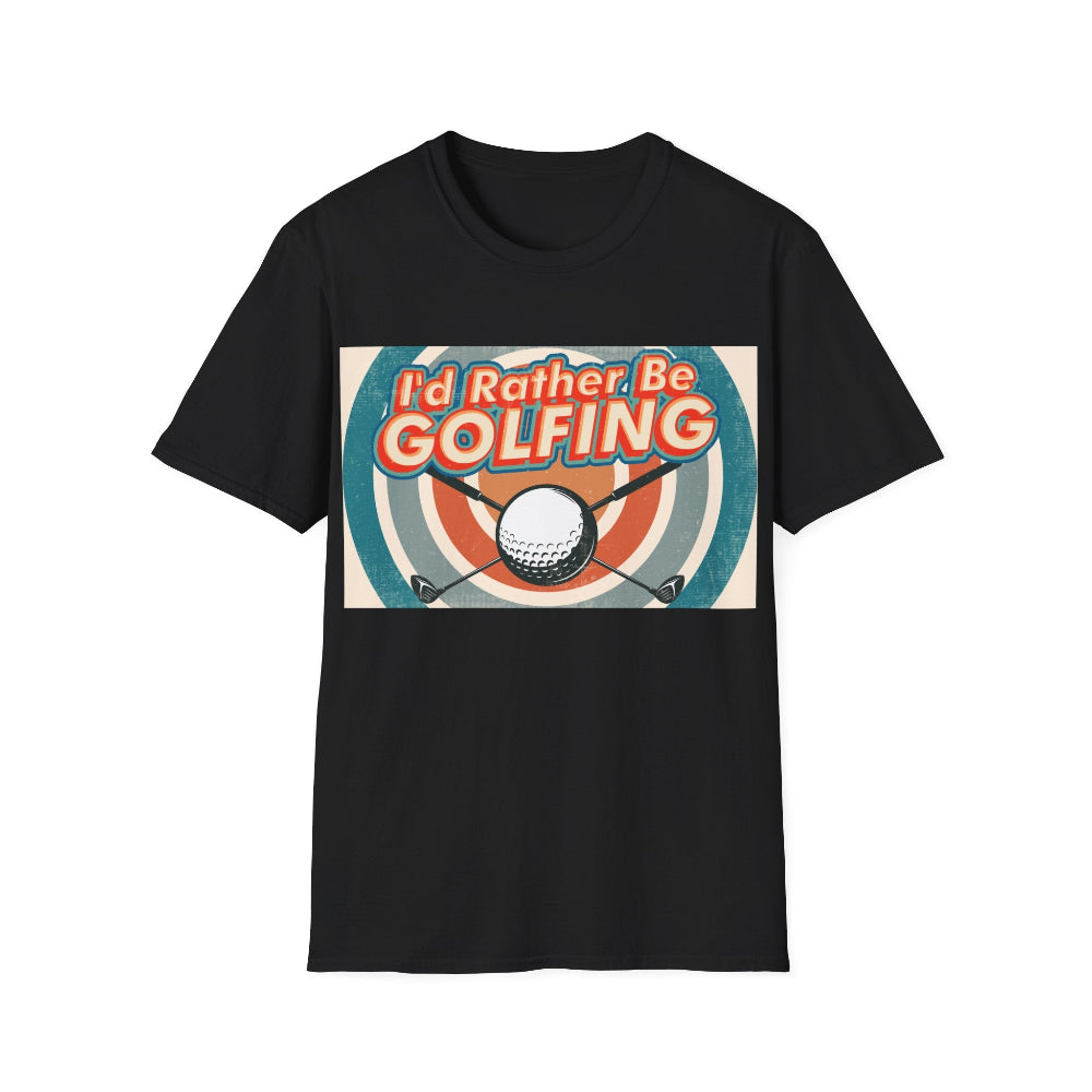 Black t-shirt with 'I'd Rather Be Golfing' graphic on a white background