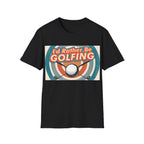 Black t-shirt with 'I'd Rather Be Golfing' graphic on a white background