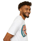 Side view of Man wearing a white t-shirt with a colourful golfing graphic design