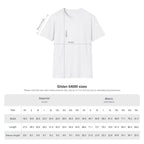 White t-shirt with size chart measurements on a white background