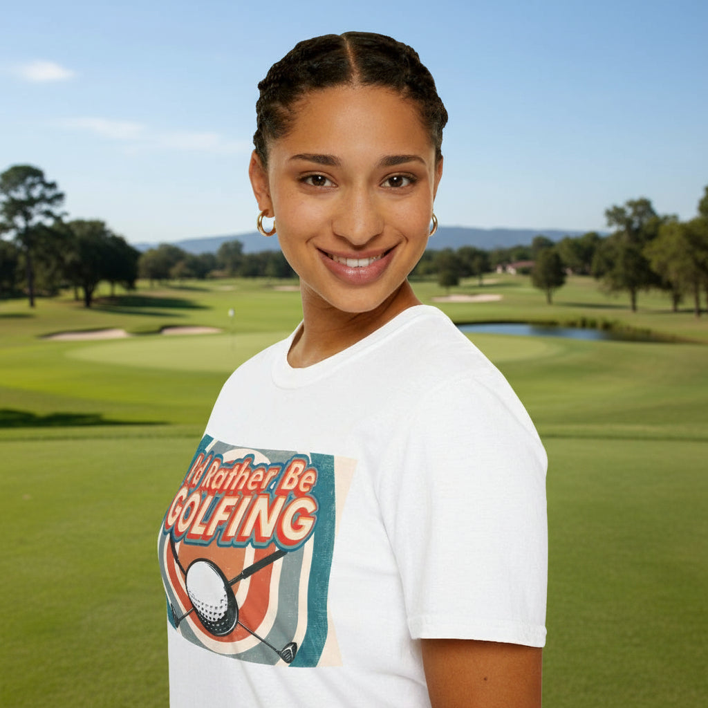 Female wearing a white t-shirt with a colourful golfing graphic and text on a white background