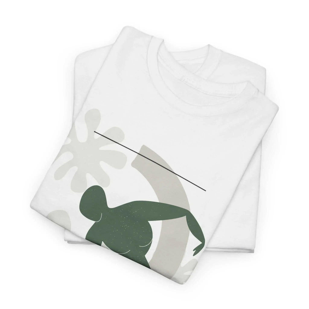 Two folded white t-shirts with an abstract, minimalist design.