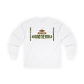 White long-sleeved shirt with "Around The World Travel Company" graphic.