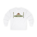 White long-sleeved shirt with "Around The World Travel Company" graphic.
