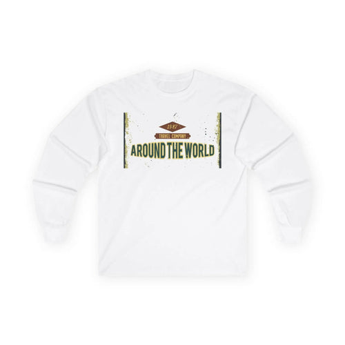 White long-sleeved shirt with "Around The World Travel Company" graphic.