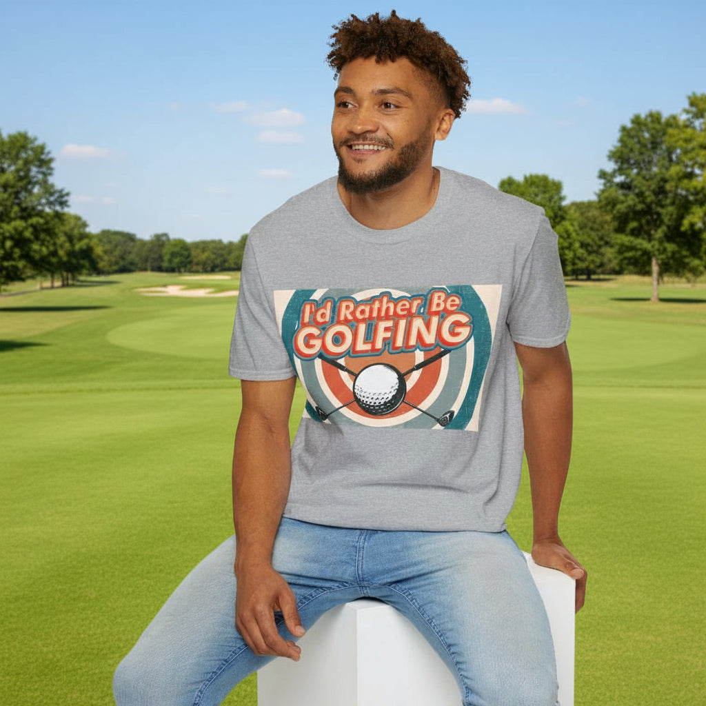 Man wearing a grey t-shirt with 'I'd Rather Be Golfing' graphic design.