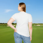 Back of Woman wearing a plain white t-shirt and blue jeans on a golf course