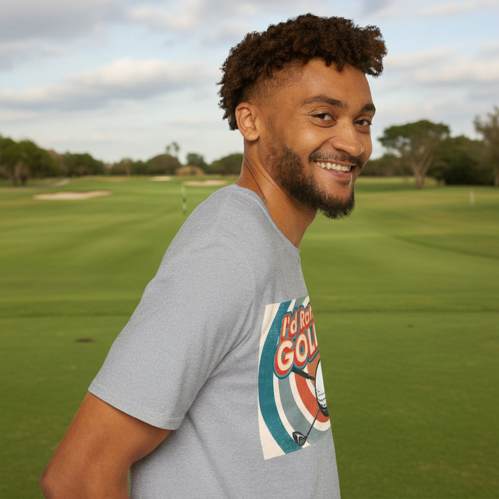 Man wearing a grey t-shirt with a golfing humour graphic design on a golf course