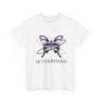 White t-shirt with a purple butterfly graphic and 'Metamorphosis' text on a white background