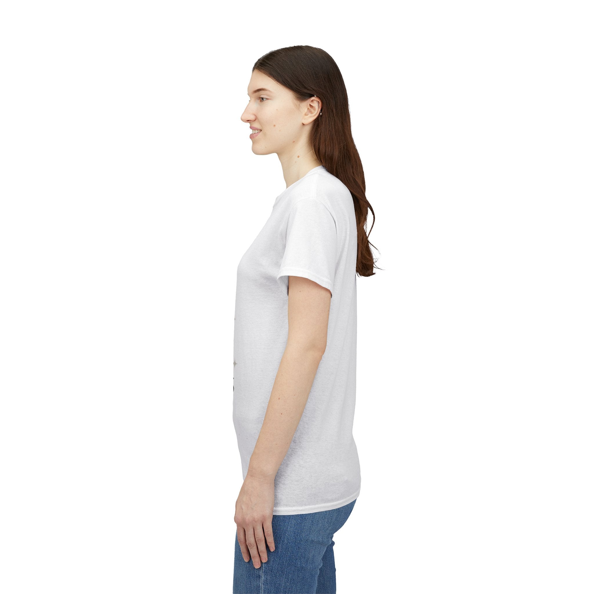 side view of Woman wearing a plain white t-shirt on a white background
