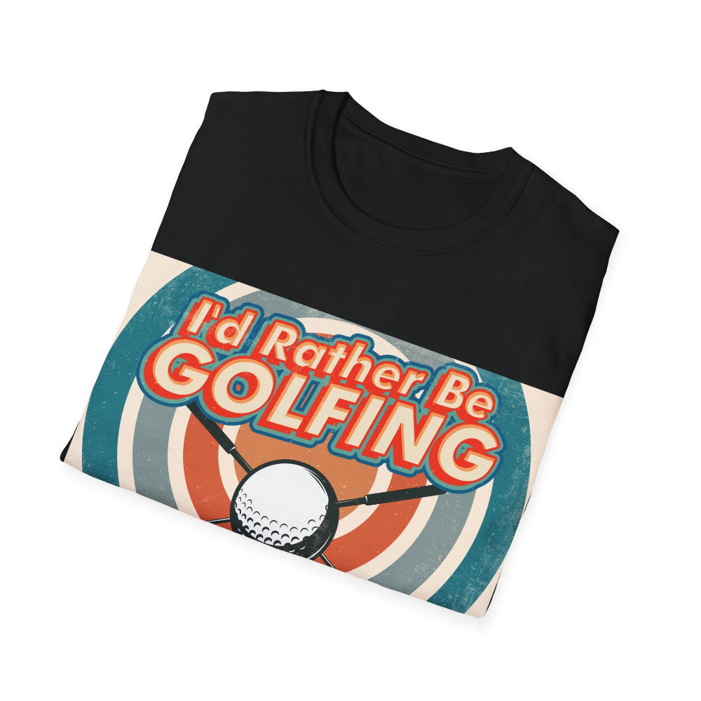 Black t-shirt with 'I'd Rather Be Golfing' graphic design on a white background