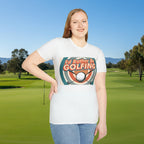 Female wearing a white t-shirt with 'I'd Rather Be Golfing' graphic design on a white background