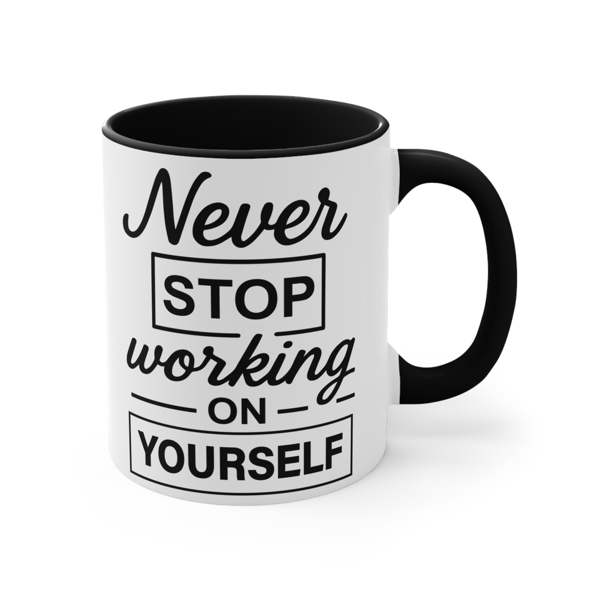 Motivational Coffee Mug, Colourful Accent Mug 'Never Stop Working on Yourself' Mug Faith2Print.