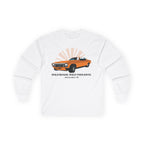 White long-sleeve shirt with orange car graphic.