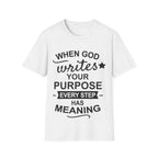 White t-shirt with a black text design.