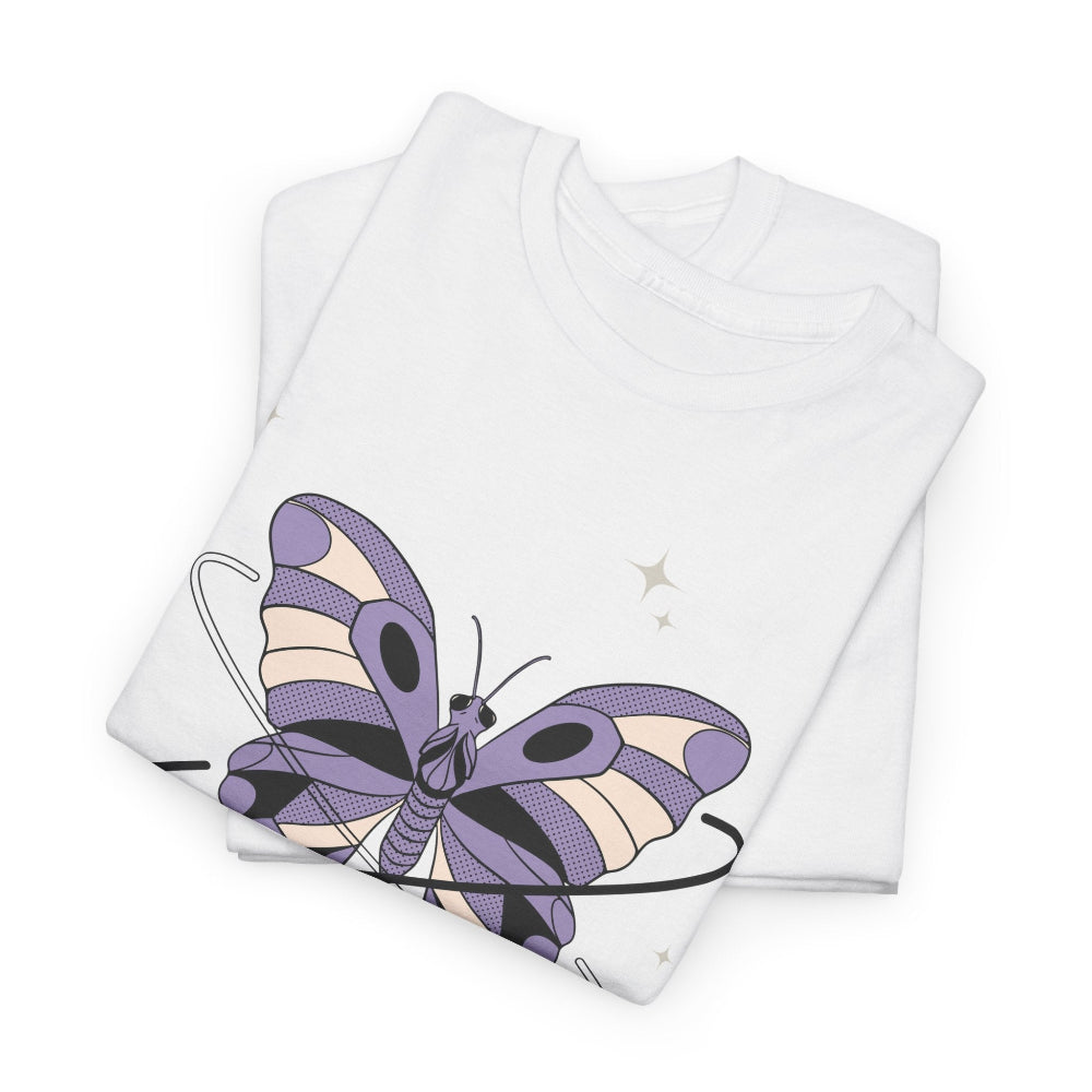 Folded white fabric with a purple butterfly design on a white background