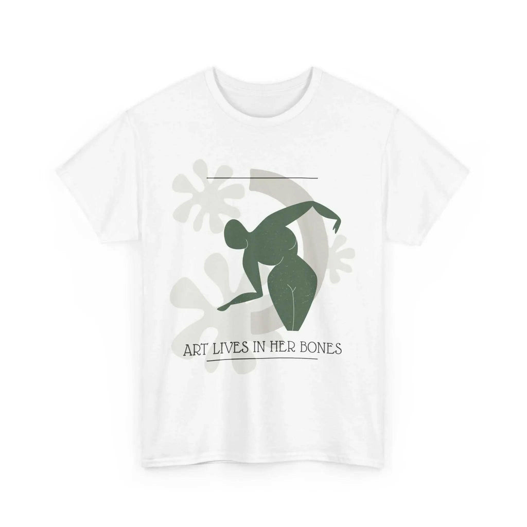 White t-shirt with "Art Lives in Her Bones" and a green abstracted figure.