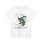 White t-shirt with "Art Lives in Her Bones" and a green abstracted figure.