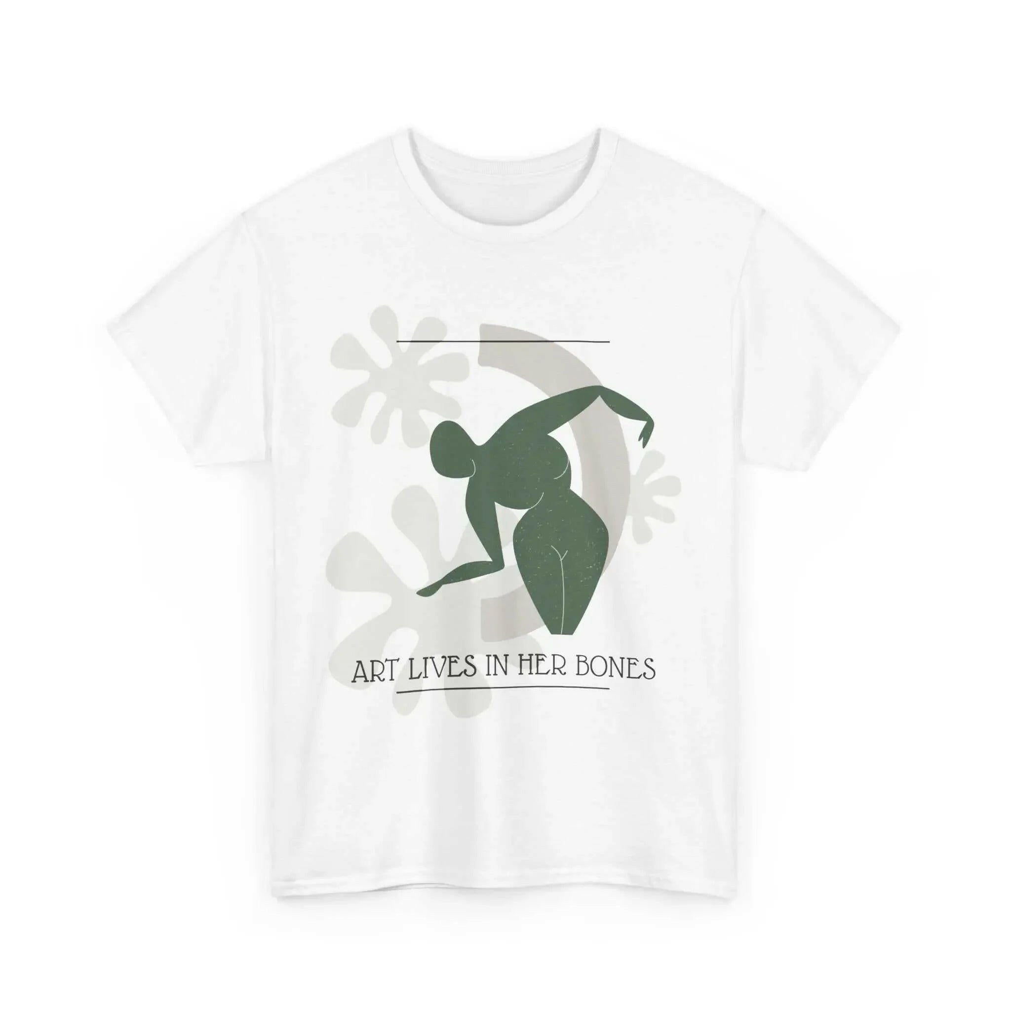 White t-shirt with "Art Lives in Her Bones" and a green abstracted figure.