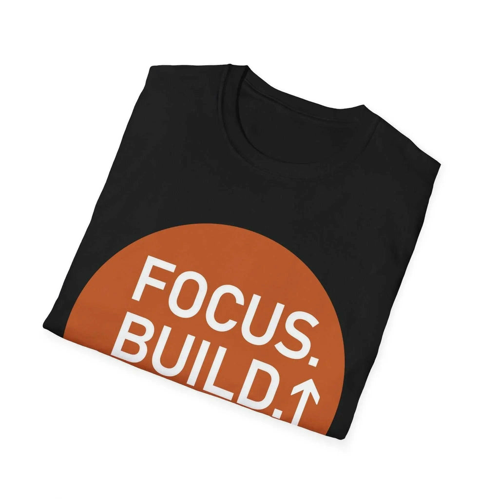 Black t-shirt with orange circle design.